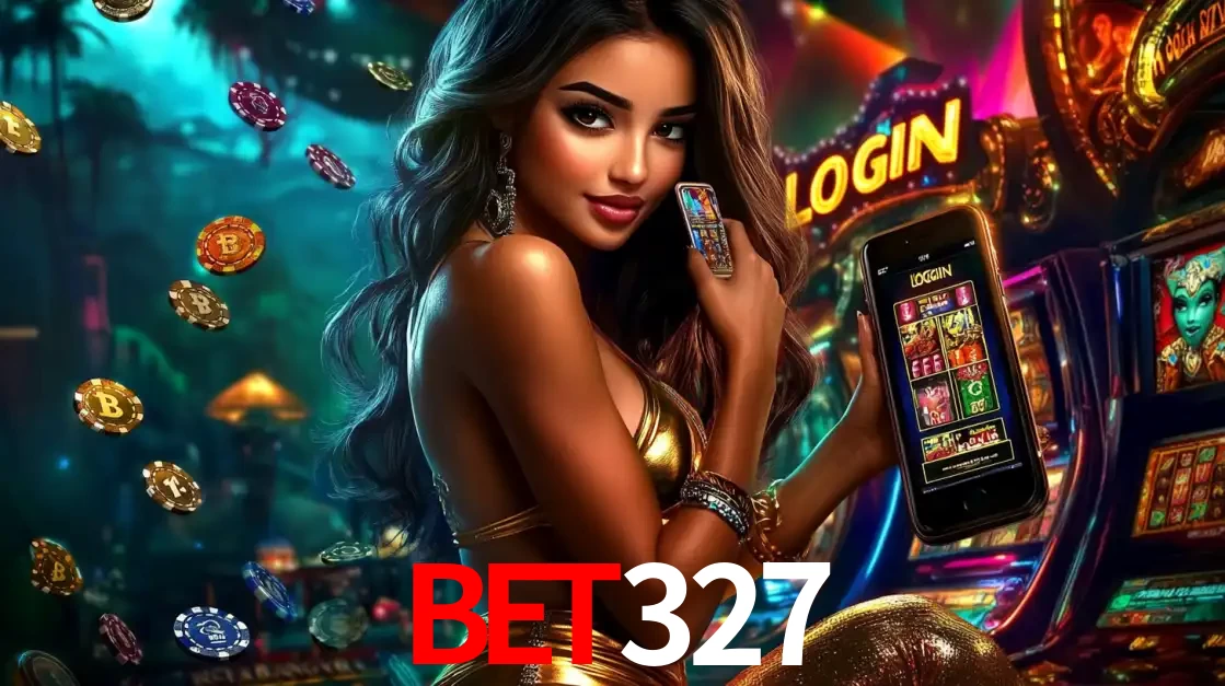 Mulher em um cenário de cassino temático de aventura, mostrando o app de caça-níqueis da bet327 no celular. Fichas de apostas flutuam ao redor.