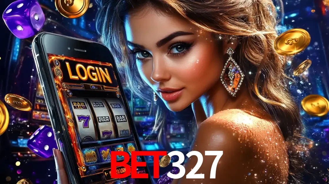 Mulher glamorosa segurando um smartphone com a tela de login para os jogos de caça-níqueis do cassino online bet327, com moedas de ouro e dados ao redor.