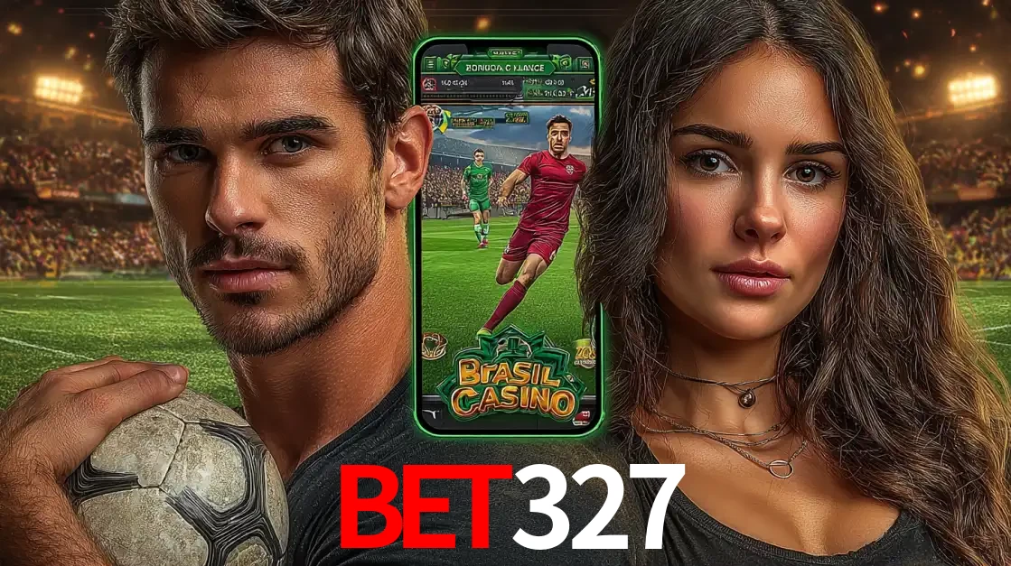 Homem segurando uma bola de futebol e uma mulher ao lado de um smartphone exibindo o jogo de apostas esportivas da bet327. Faça seu palpite no cassino online.
